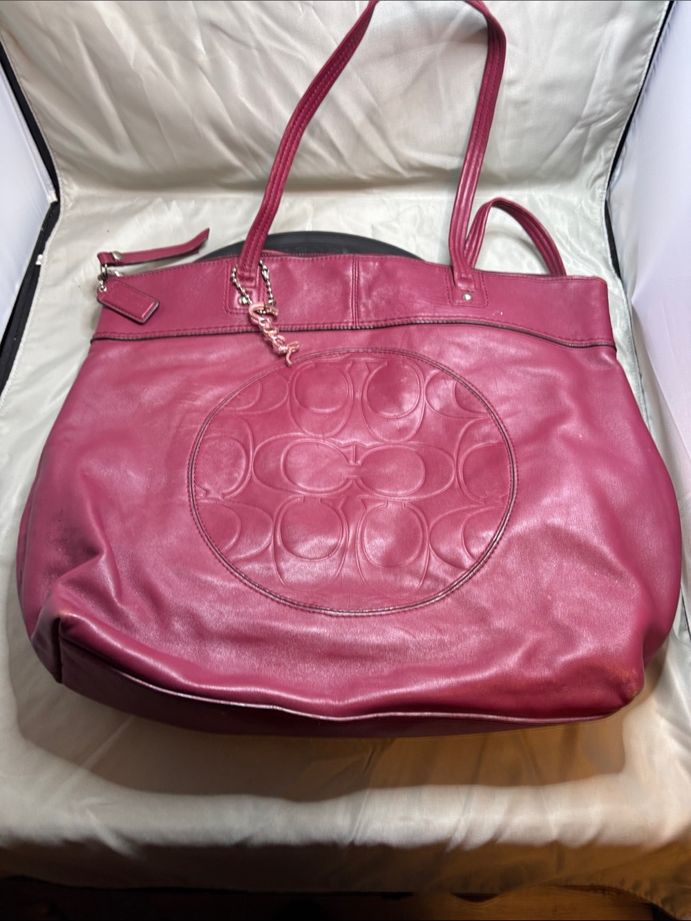 Coach Magenta Leather Tote with Signature Circle Emblem